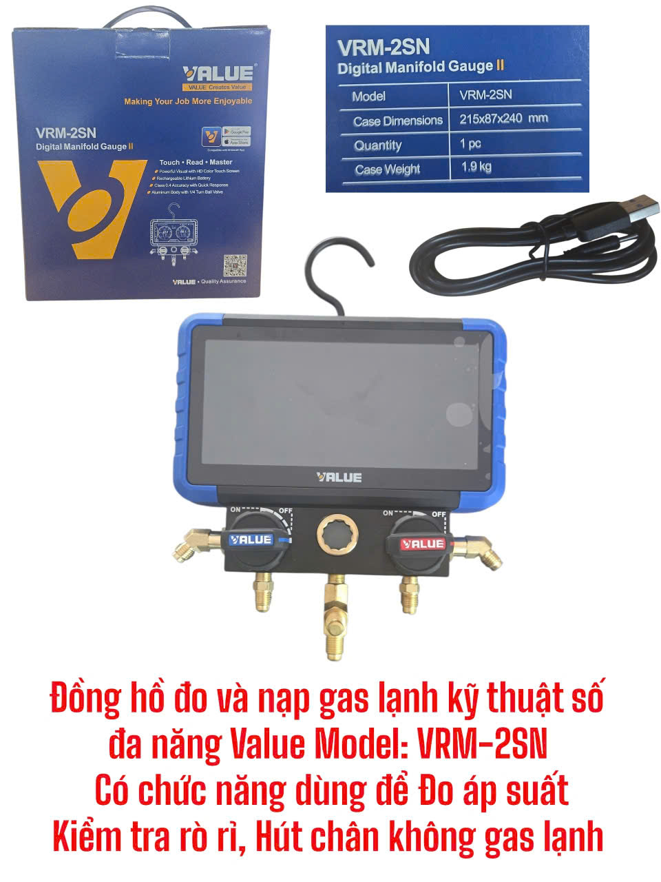 Đồng hồ đo và nạp gas lạnh kỹ thuật số đa năng Value Model: VRM-2SN – Có chức năng dùng để Đo áp suất, Kiểm tra rò rỉ, Hút chân không gas lạnh