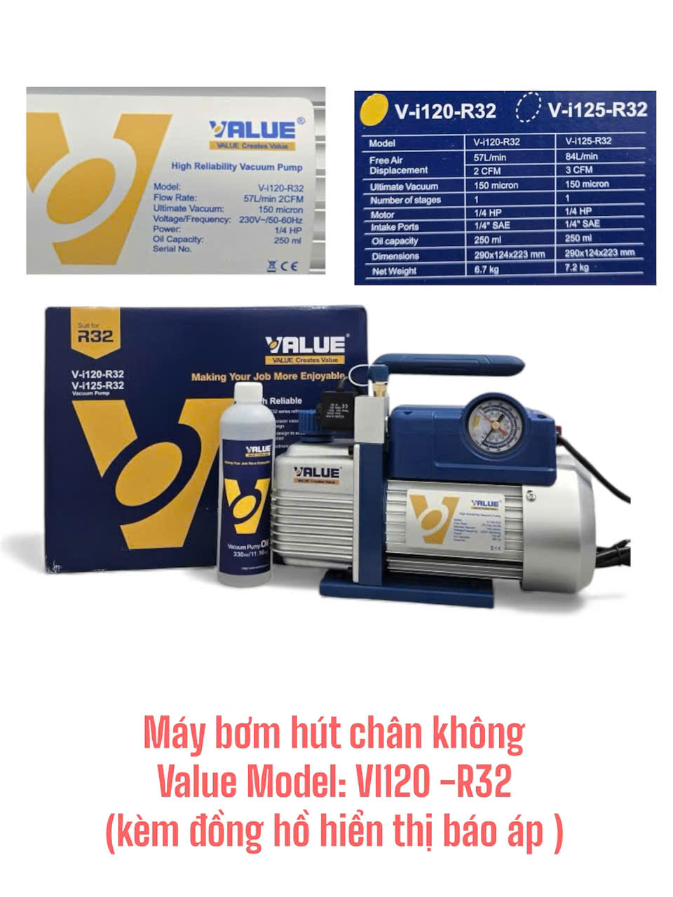 Máy bơm hút chân không Value 2.0CFM Model: VI120 -R32 (kèm đồng hồ hiển thị báo áp)