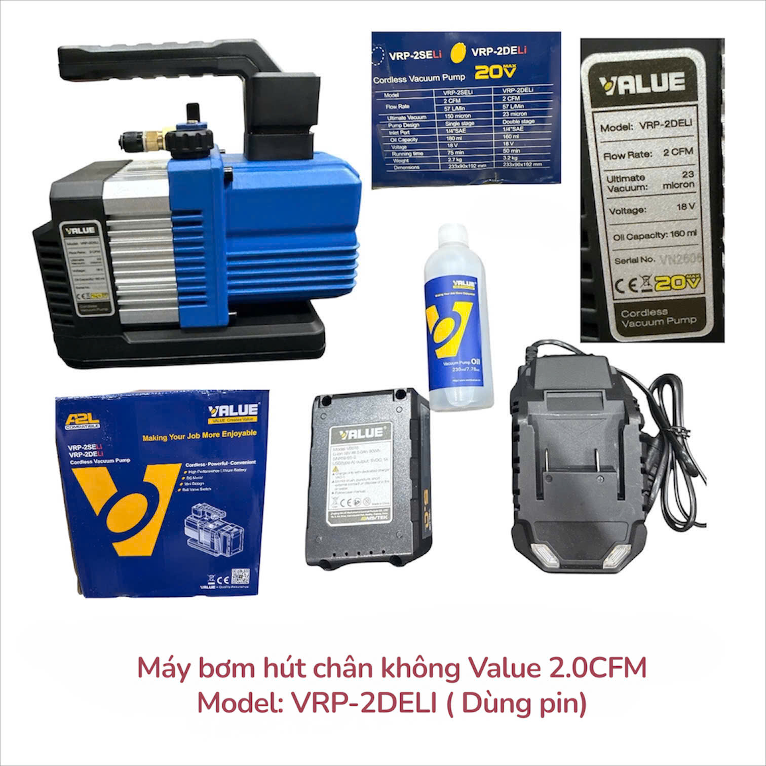 Máy bơm hút chân không Value 2.0CFM Model: VRP-2DELI (Dùng pin) (2 cấp)