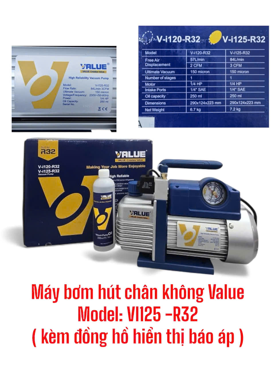 Máy bơm hút chân không Value 3.0CFM Model: VI125 -R32 (kèm đồng hồ hiển thị báo áp)