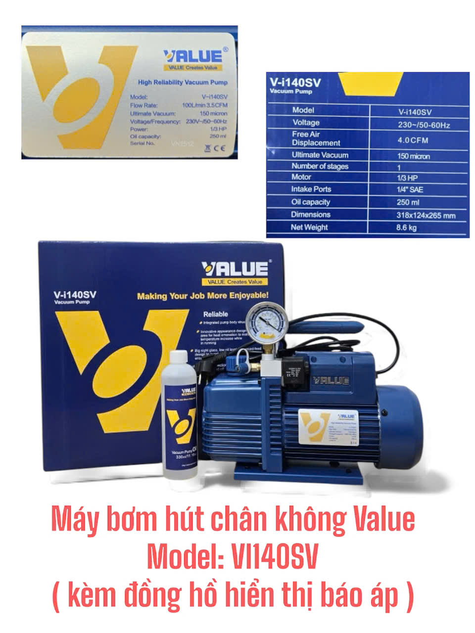 Máy bơm Hút Chân Không Value 4.0CFM VI140SV (kèm đồng hồ hiển thị báo áp)