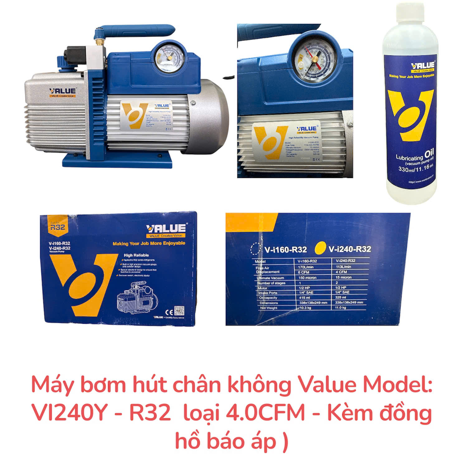 Máy bơm hút chân không Value Model: VI240Y – R32 loại 4.0CFM – Kèm đồng hồ báo áp