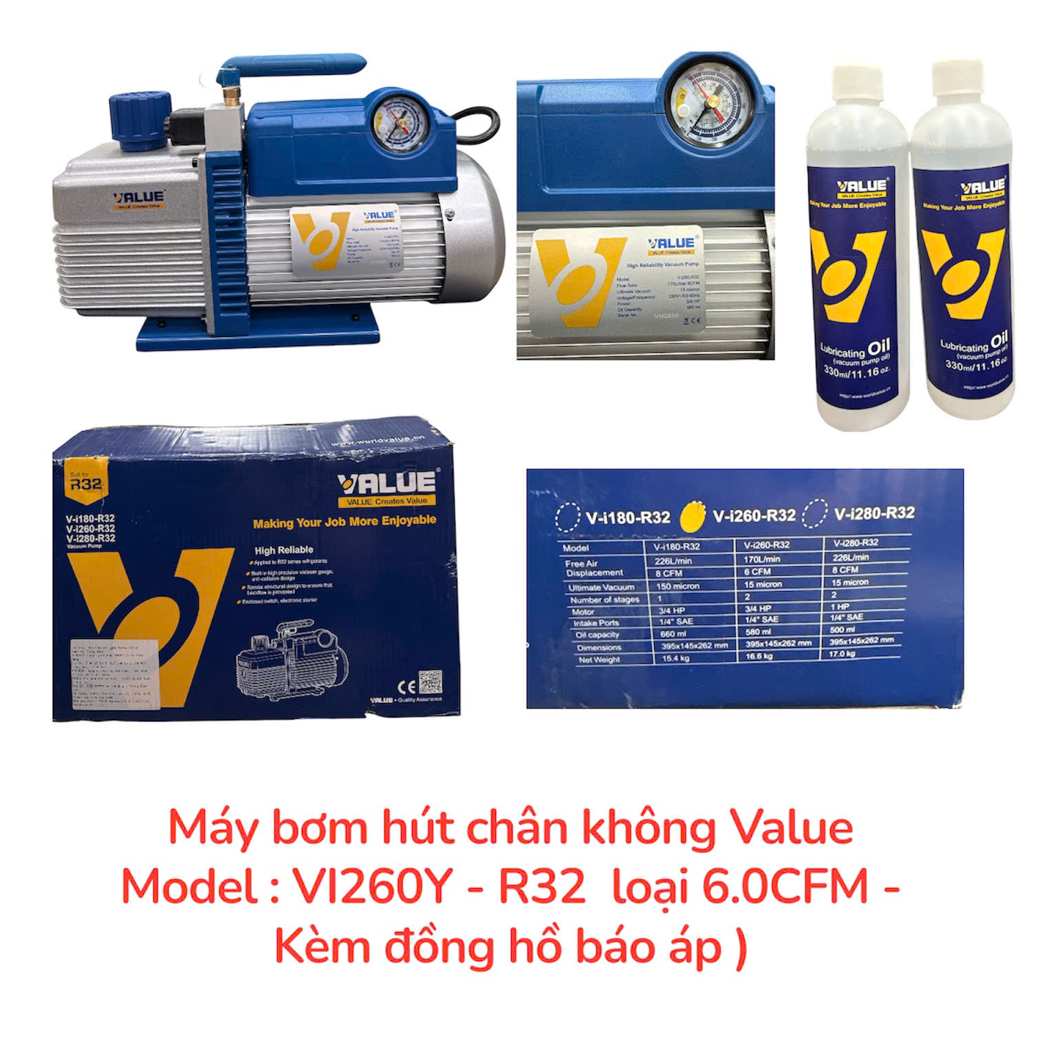 Máy bơm hút chân không Value Model: VI260Y – R32 loại 6.0CFM – Kèm đồng hồ báo áp