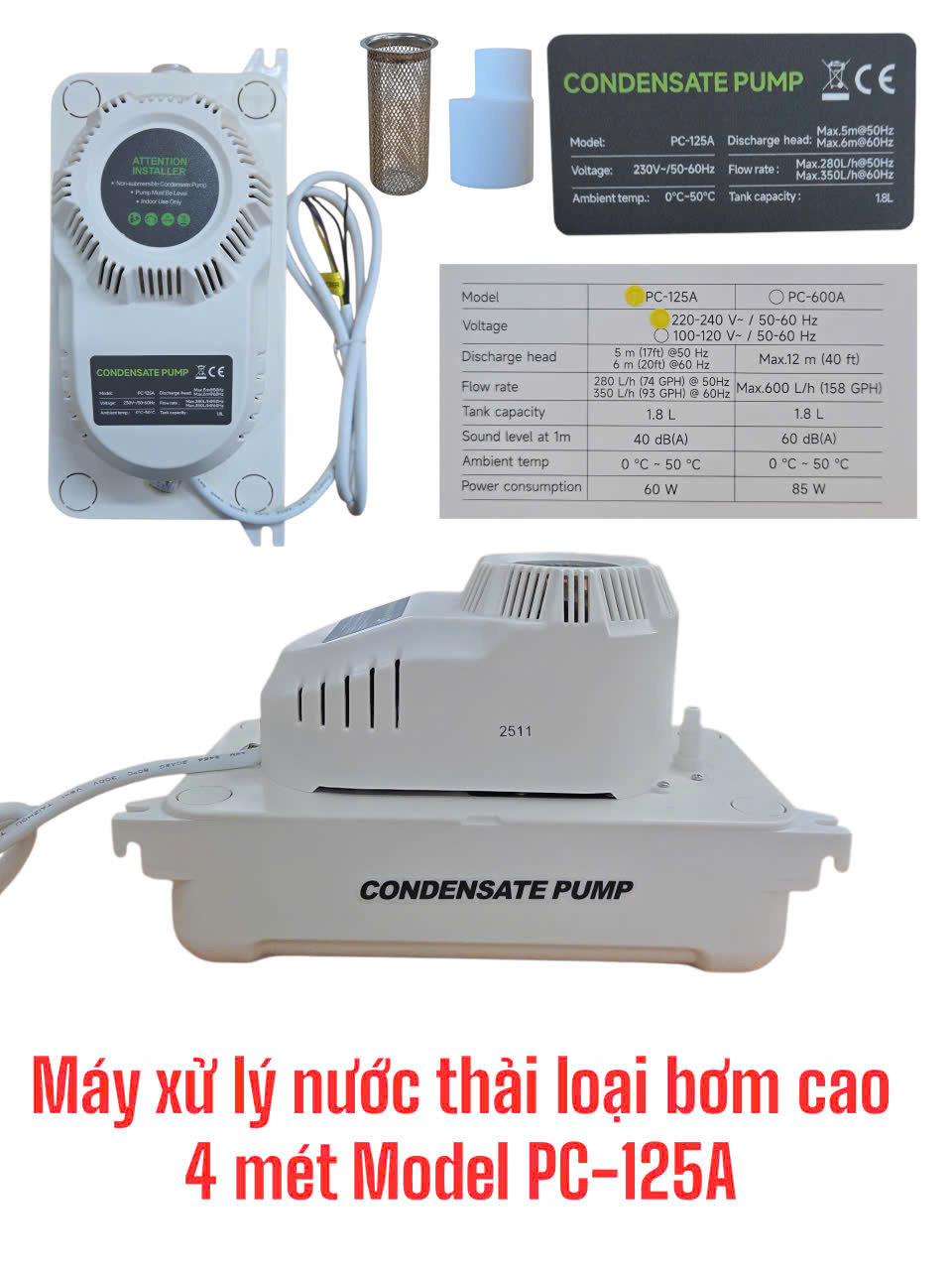 Bơm nước ngưng dùng cho máy điều hòa Model PC-125A (Máy xử lý nước thải bơm cao 4 Mét)
