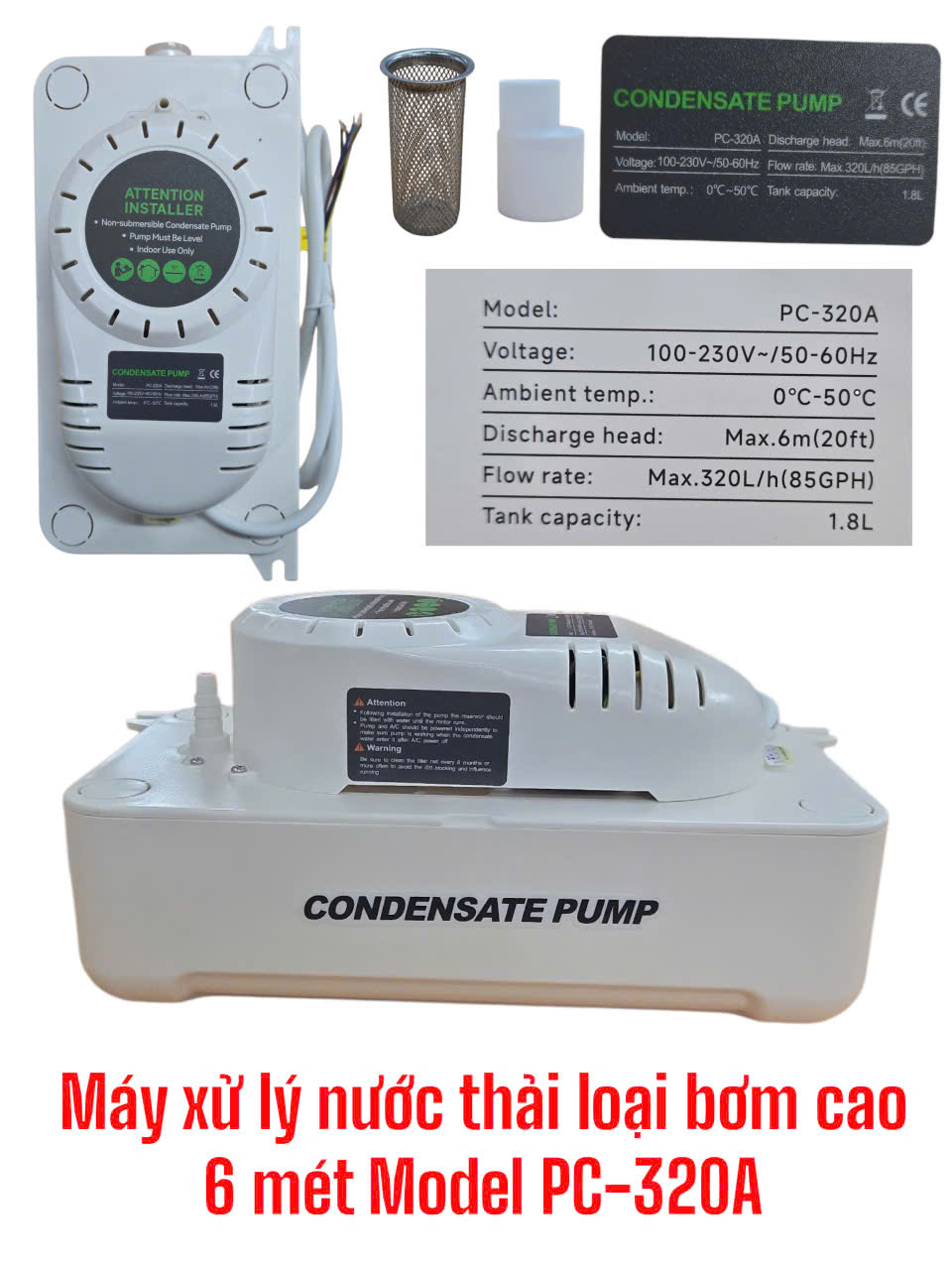 Bơm nước ngưng dùng cho máy điều hòa Model PC-320A (Máy xử lý nước thải bơm cao 6 Mét)