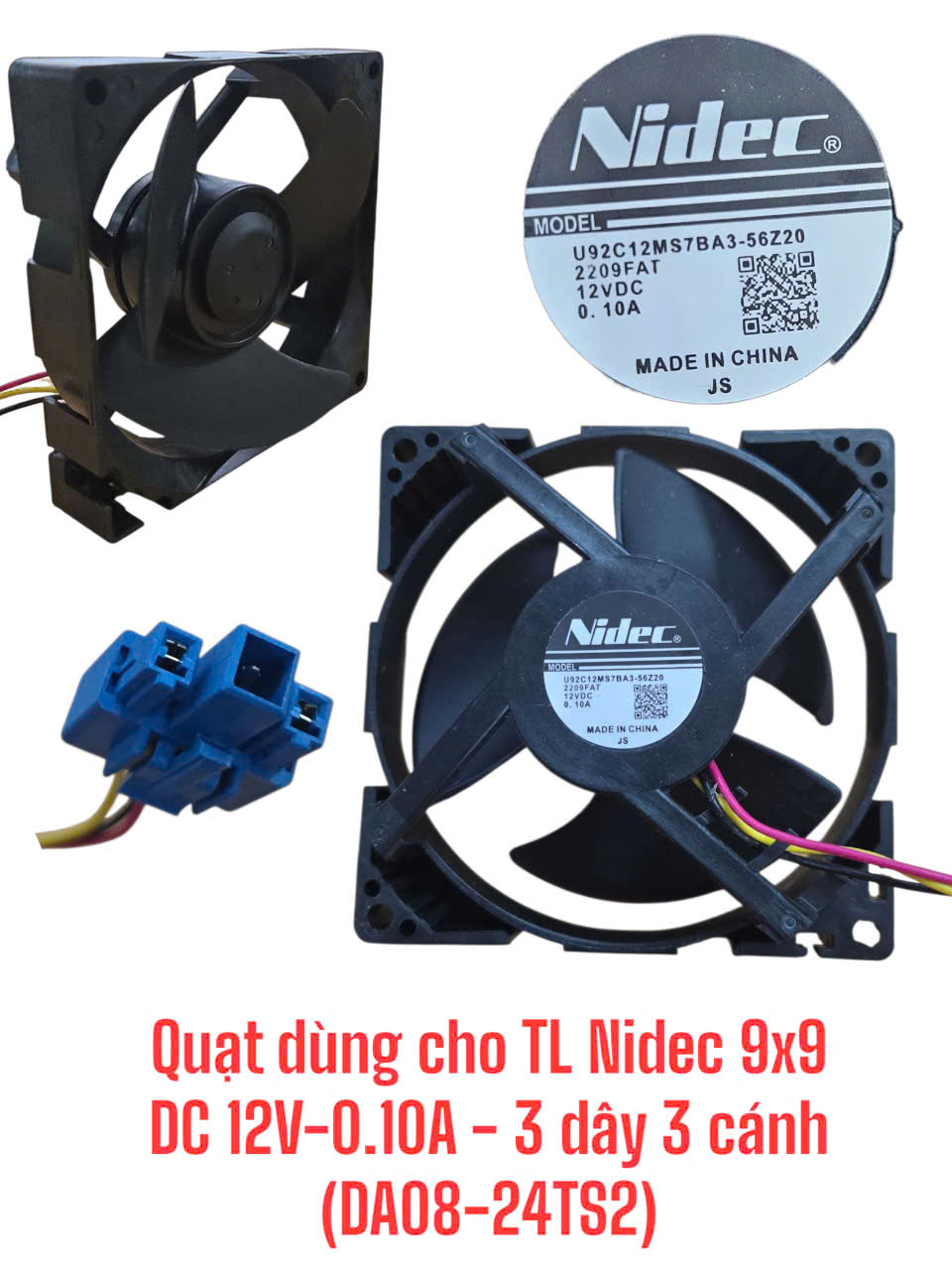 Quạt dùng cho tủ lạnh Nidec 9×9 -DC 12V-0.10A – 3 dây 3 cánh